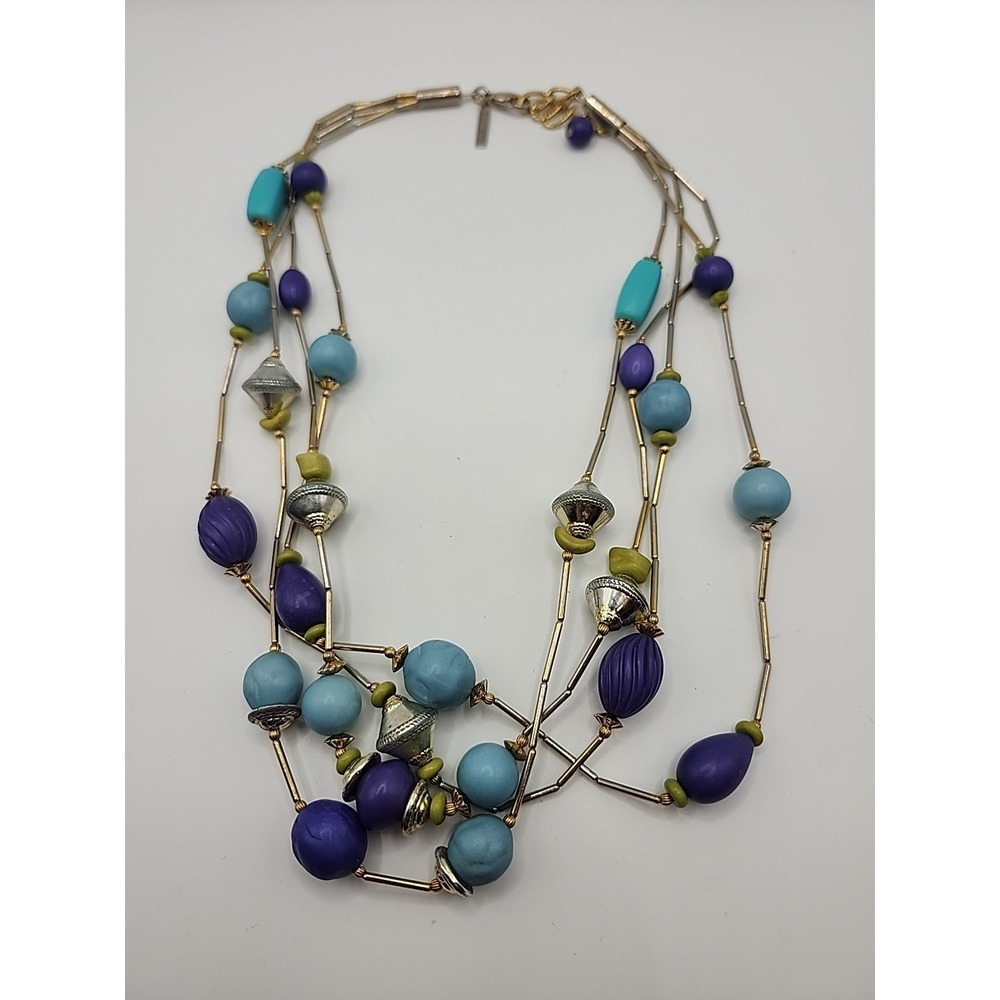 Triple Silver Tone Wire Wrapped Blue Green Stones & Beads Necklace